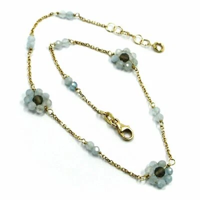Ankle Bracelet Yellow Gold, 18K, With Flower Aquamarine And Quartz Smoky, 25 CM