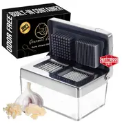 Garlic Press Stainless Steel, Garlic Chopper Mini & Slicer Super Thin 2 in 1, Odor Free Ginger Dicer With Storage Container, Dishwasher Safe Mini Chopper, Premium Mincer with 5 year warranty