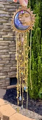 Handmade Wall Art Celestial Sun Moon Stars Face Hanging Sun Catcher Crystals