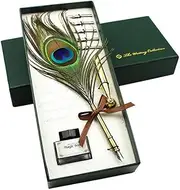 Vintage Peacock Feather Pen Set Antique Calligraphy Writing Quill Ink Dip Pen with Holder, Ink and 5 Replacement Nibs in Gift Box