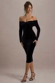 Compliment | Black Velvet Bardot Midi Dress