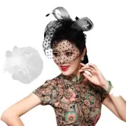 Womens Retro Point Mesh Veil Hat Fluffy Feather Solid Color Alligator Hair