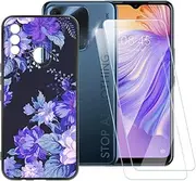 [ESACMOT] Purple Flowers Pattern Case Compatible with Tecno Spark 8 + [2 Pack] Screen Protector Tempered Glass, Shockproof Case Cover for Tecno Spark 8T (6.52 inch)
