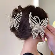Butterfly Crystal Hair Claw Clips Pearl Rhinestone Golden Metal Hair Clips Large Gem Hair Jaw Clips Strong Hold Non-Slip Hair Catch Barrettes Clamps For Thick