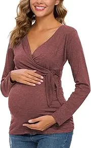 [Glampunch] Women's Maternity Shirts Short & Long Sleeve Tie Front Wrap Maternity Tops