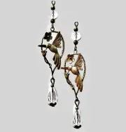 Delicate Hummingbird bronze and crystal long drop earrings, clip on or pierced