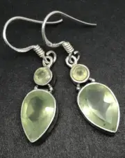 Prehnite drop earrings, Solid Sterling Silver, round. Pear. New. Gift box.