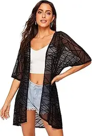 [Floerns] Women's Half Sleeve Open Front Geo Print Sheer Cardigan Kimono Coverup
