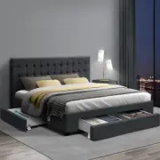 Bed Frame King Size Upholstered With 4 Storage Drawers Tufted Headboard Charcoal