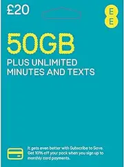 EE 30GB Data Sim Includes £20 pre-paid credit. 30GB Data, Unlimited minutes & unlimited texts