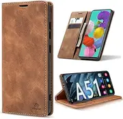 AFARER Simple Style Wallet Mobile Phone Case Compatible with Samsung Galaxy A51 Foldable Leather Case Shockproof Protection with Card Holder Stand - Brown