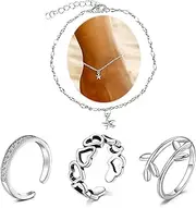 [MODRSA] Silver Toe Rings for Women Silver Bracelets Anklets for women Waterproof Toe Rings non Tarnish Adjustable Simple Ring Jewelry Leaf, Metal, stainless-steel