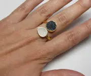 Marz Gems Gold Plated Sterl. Silver Black & White Druzy Gemstone Adjustable Ring