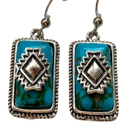 Bohemian Shield Geometric Turquoise Blue Stone Aztec Earrings Unisex - Ishka NEW