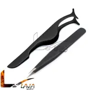 Black Eye Lash Applicator Clip & Eyelash Extension Tweezers Straight Pointed Tip