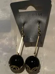 Dangle Drop Ball Earrings Hook Back Black And Gold Tone Pilgrim Danish Design