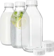 Glass Milk Bottle, 32Oz Glass Juice Water Bottle 3 Pack Jug Pitcher Buttermilk Syrup Honey Sauce Container Reusable Airtight Lids Caps
