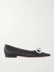 [MACH & MACH] MACH & MACH - Double Bow Crystal-embellished Satin Point-toe Flats - Black - IT40 IT 40 Black