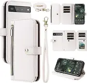 Dswteny Wallet Case for Google Pixel 6 Pro with Wrist Strap Shoulder Strap Zipper Purse, Flip Folio Credit Card Holder Stand Cell Phone Cover for Pixel6Pro Pixel6 XL 6XL Pixle 6Pro 5G Women Men White