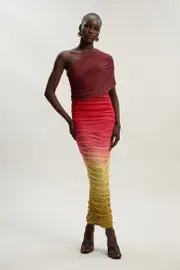 Ombre One Shoulder Mesh Jersey Maxi Dress