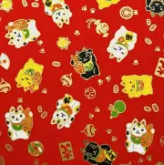 Japanese Yuzen Chiyogami Washi Paper (Y0762) – Red with Maneki-Neko Cats (Lucky