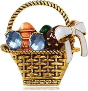 [Dtja] Rhinestone Egg Holiday Easter Brooch Pin for Women Girls Fashion Alloy Gold Plated Basket White Enamel Bowknot Colorful Eggs Festival Brooches Lapel Pins Cute Dress Accessories Fall Party Jewelry,