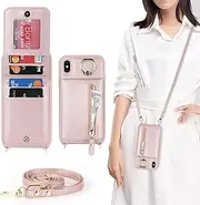 Cavor Vertical Flip Cover for iPhone X Leather Case iPhone Xs Case 5.8'' Crossbody Wallet Card Slots with 360°Rotation Ring Holder Kickstand & Long Shoulder Lanyard Strap-Rose