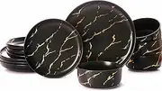 [Pokini] Black Gold Splash Dinnerware Sets, Marble Porcelain Plates and Bowls Sets, Modern Luxury Dish Set for 4, 12 Pieces Fine China Plates Set for Formal Dinners and Anniversaries