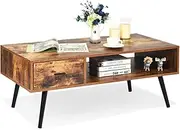 [Giantex] Coffee Table, Cocktail Table, Mid-Century Modern Accent Table w/ 1 Drawer and Storage Shelf for Living Room, Reception, Easy Assembly, Rustic Brown