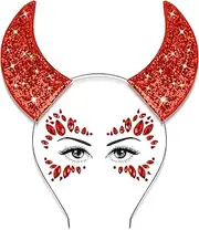 Devil Horns Headband with Face Jewels Set, Red Devil Horns and Face Gems Stickers, Halloween Fancy Dress Cosplay Devil Costume Accessory for Women and Girls