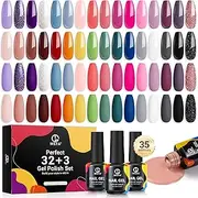 MEFA 35 Pcs Gel Nail Polish Kit - 32 Colors All Seasons Gel Nail Polish Set Soak Off Popular Classic Nail Polish Starter Kit with Glossy & Matte Gel Top Base Coat DIY Salon Home Manicure Holidays Gift
