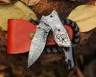 Custom Horn Engrave Handle Damascus Steel Folding Knife Hunting Pocket Knife