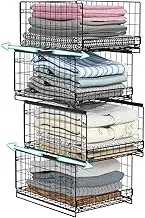 Hongtamoya 4-tier Sliding Closet Organizers and Drawer Storage Shelves, Stackable Storage Bins for Jean Pants Sweaters, Metal Drawer Slid Clothes Storage Container, Closet Organizers for Clothes-Black
