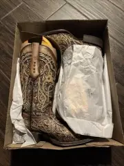 Corral Ladies Bone & Multicolor Inlay & Studs Square Toe Boots C3405