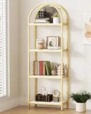 Bookshelf 4 Tier Bookcase, 71.3" Tall Industrial Open Book Shelves Arched Gold