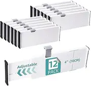 STEUGO 12 Pack Adjustable Drawer Dividers, 4" High, 11-17" Expandable Dresser Organizer, White Plastic Drawer Dividers for Baby Clothes, Nursery, Kitchen, Office & Bathroom Storage