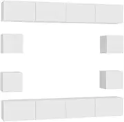 TV Unit with Cabinet Set - 8 Piece White Engineered Wood Media Entertainment Storage for Living Room, Space-Saving Design & Sturdy Construction