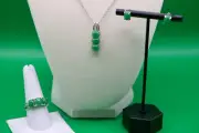 Green Jade (D) Stud Earrings, 3 Stone Ring and Pendant Necklace 20 inches