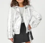 Forever 21 Kids Girls Metallic Silver Moto Jacket NEW - Size 13/14