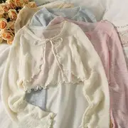 Tie-Neckline Lettuce Edge Sheer Knit Cardigan in 6 Colors White - One Size