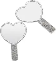 BATHVEVE 2pcs Heart-Shaped Handheld Travel Mirror with Rhinestones Portable Compact Makeup Mirror for Women for Makeup Application and Grooming Cute Occasions