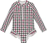 [Joitme] Houndstooth Check Red Black Girls' Long Sleeve Rash Guard Swimsuit Size 3