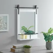 Small Rustic Farmhouse Wall Mirror w/Shelf, Distressed White Wood Frame, 25" H
