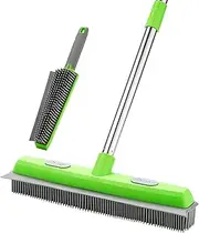 Rubber Broom Carpet Rake for Pet Hair Remover, Fur Remover Broom with Squeegee, Portable Detailing Lint Remover Brush, Pet Hair Removal Tool for Fluff Carpet, Hardwood Floor, Tile, Window (Green)