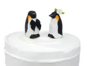 Penguin Cake Topper Bride Groom Love Bird Winter Wedding Carved Wood Statue