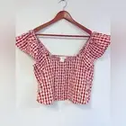 NWT Kirious Plaid Flutter Sleeve Shirred back Top. Sz L Red Gingham daisy