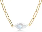 [Gem Stone King] Shell Pearl Paperclip Link Chain Yellow Gold Plated Stainless Steel Pendant Necklace For Women (Pearl: 14X9MM and Chain: 18 Inch = 16 + 2 Inch Length), Stainless Steel, pearl, Pearl