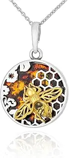 [AMBEDORA] Women's Round Necklace Golden Honey Bee Polished Sterling Silver Baltic Amber in Cognac Colour Silver Pendant on Chain, Sterling Silver, Amber, Sterling Silver, Amber