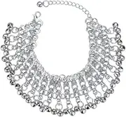[Cykdohy] Silver Indian Jingle Bell Beaded Tassel Anklet Bracelet for Women Boho Sounds Bells Charm Adjustable Tribal Gypsy Vintage Ankle Wide Barefoot Sandals Foot Chain Summer Beach Bollywood Dance Jewelry