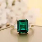14k Yellow Gold Plated 3Ct Emerald Simulated Emerald Three-Stone Engagement Ring